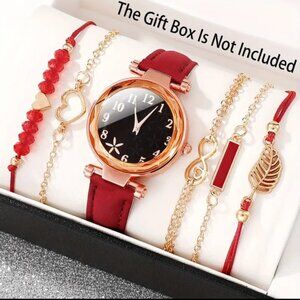6pcs Fashion Quartz Watch Red Quartz Watch With 5 Exquisite Bracelet Set